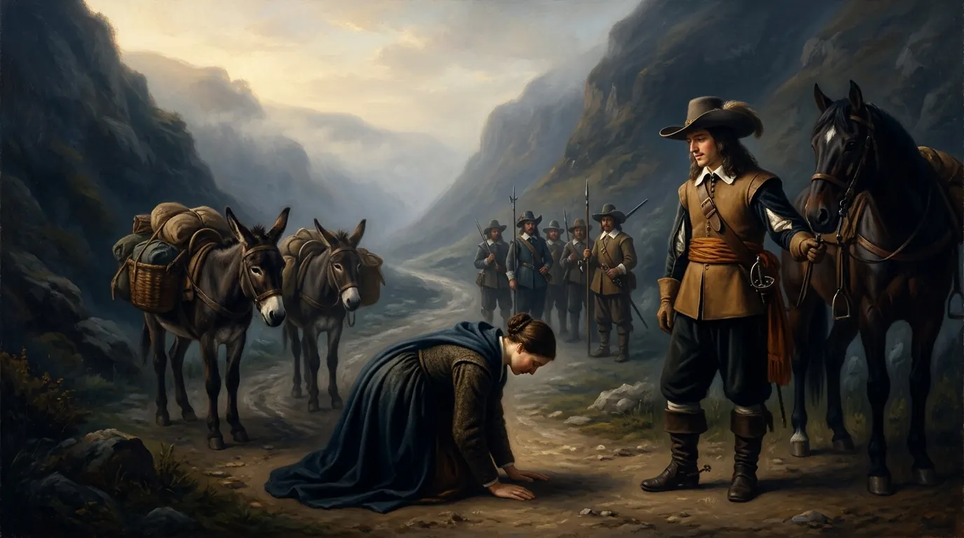 A woman bowing low before a young warrior-leader on a narrow valley road, her donkeys standing behind her and his men waiting quietly at a respectful distance