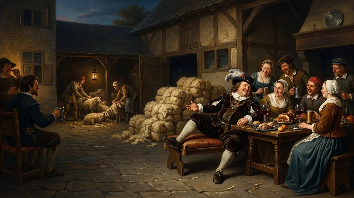 A large farmhouse courtyard at a sheep-shearing festival, a well-dressed rich man lounging at a laden table with wine goblets while guests laugh, shorn wool piled high in the background