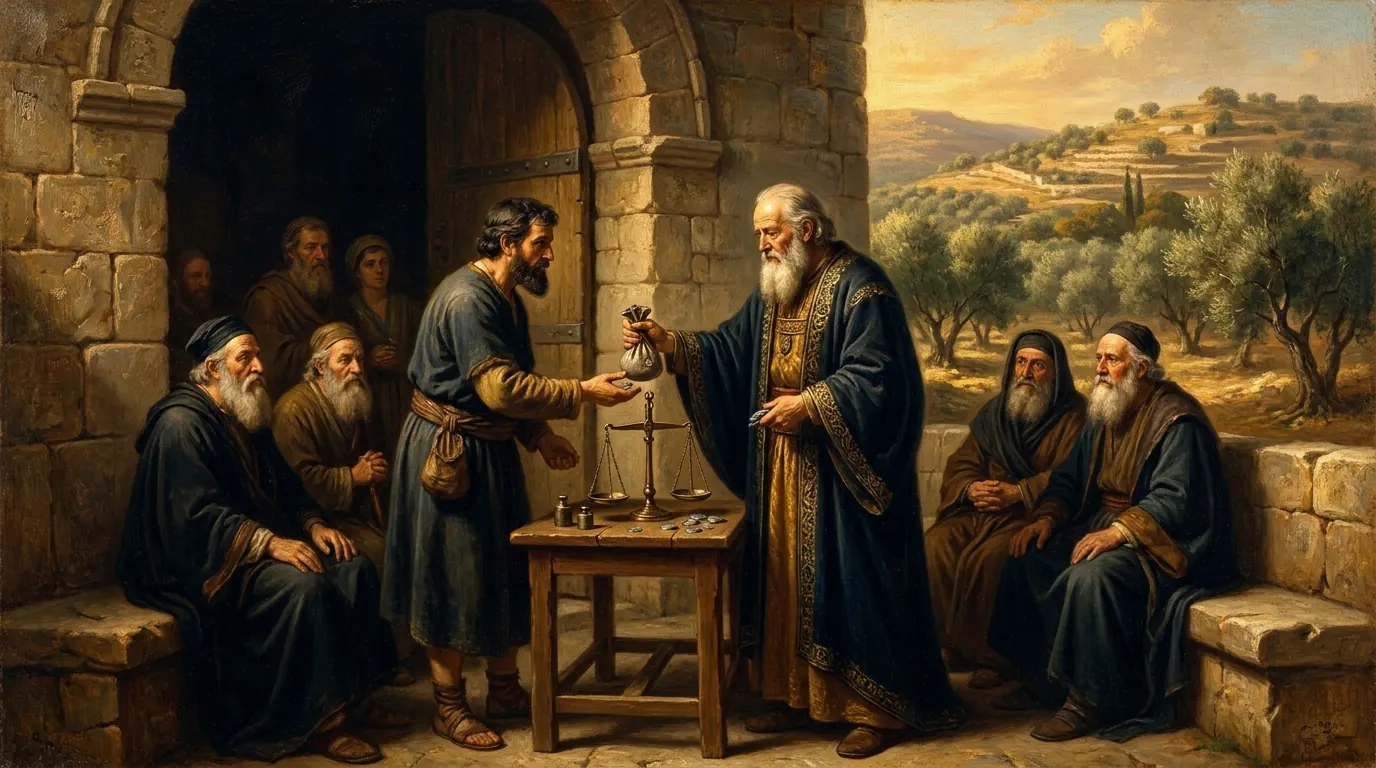 Abraham negotiating with Ephron the Hittite at the gate of Hebron to buy the cave of Machpelah, with elders looking on