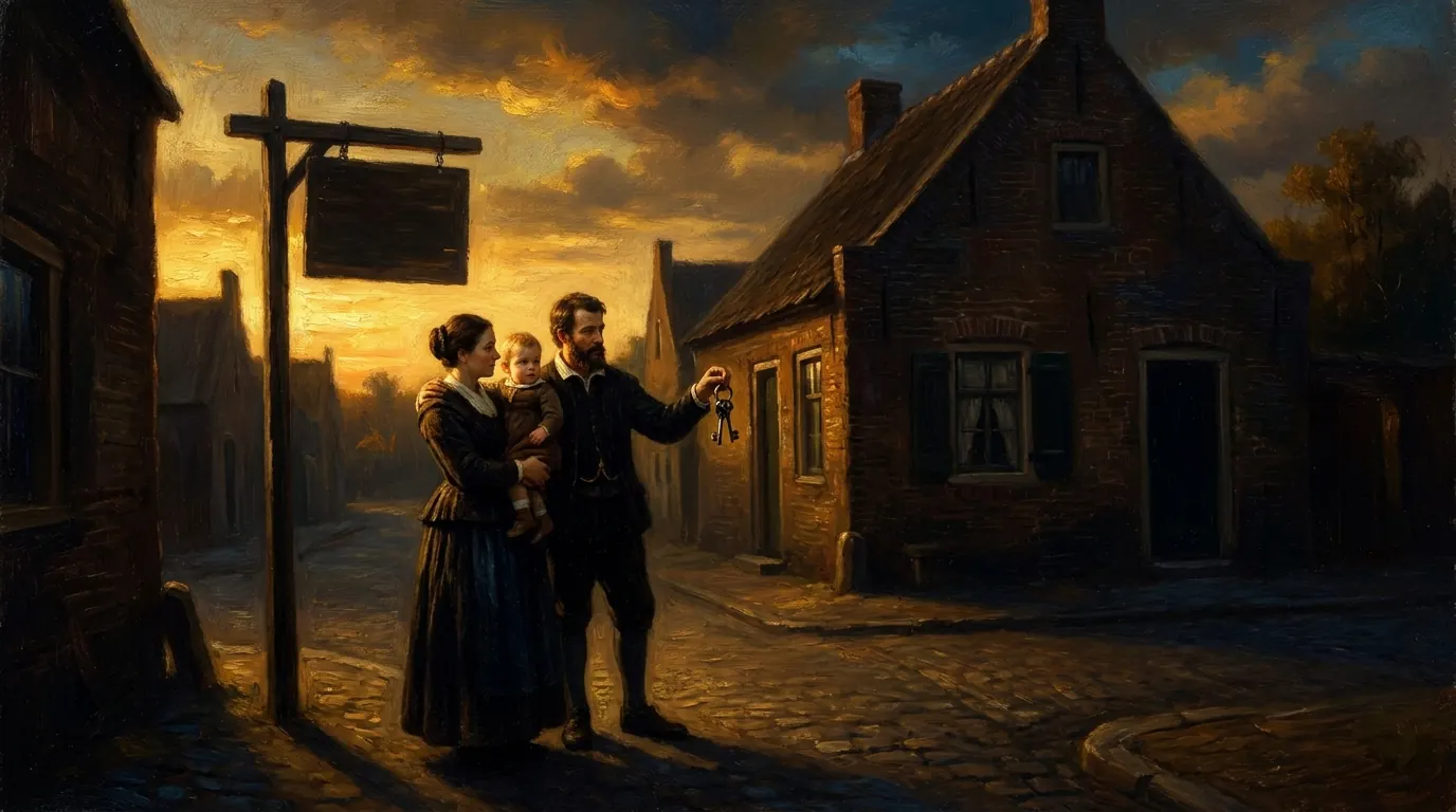 A young family holding a set of house keys in front of a small first home at sunset