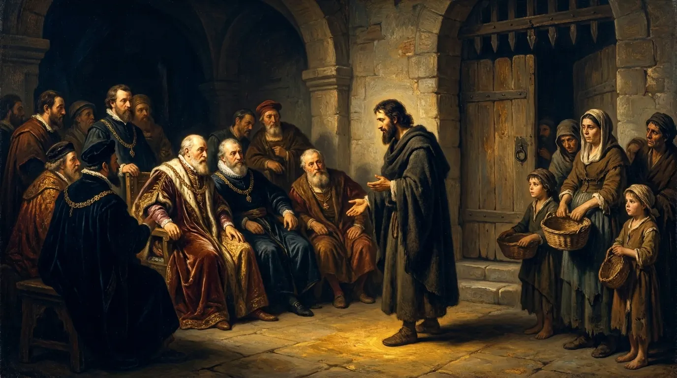 Nehemiah, in a plain cloak, confronts wealthy nobles in a gathering of poor families who stand holding empty baskets