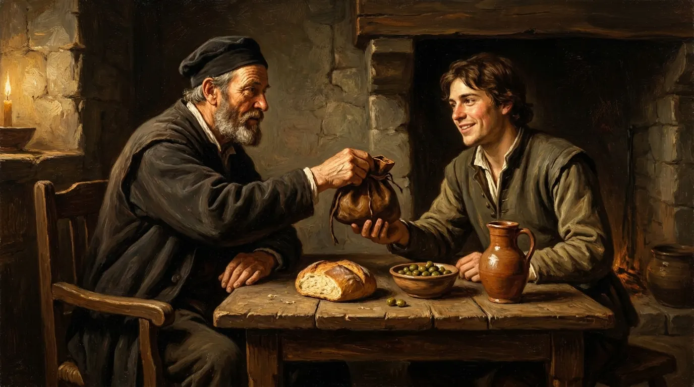A shepherd family at a table in a stone house, an older man handing a leather pouch of coins to his younger relative with a warm expression