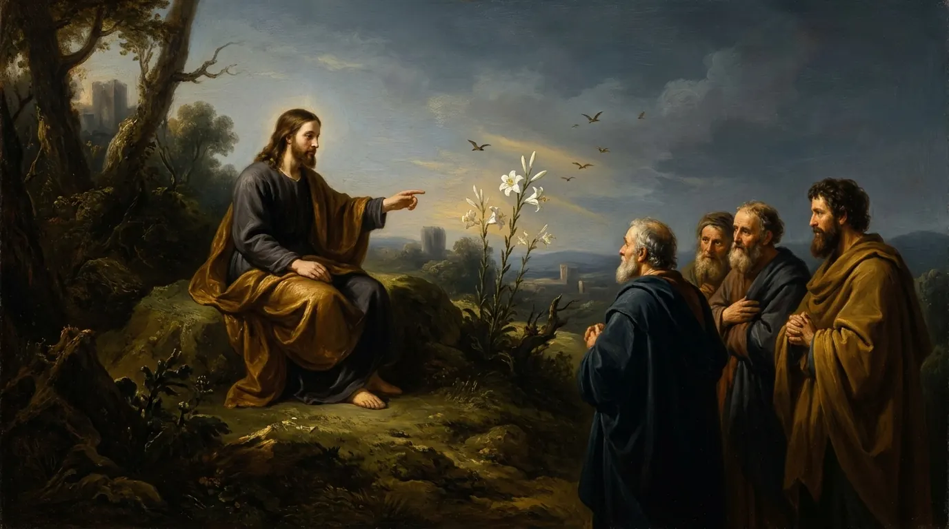 Jesus seated on a hillside teaching his disciples and pointing toward wild lilies and birds in the field