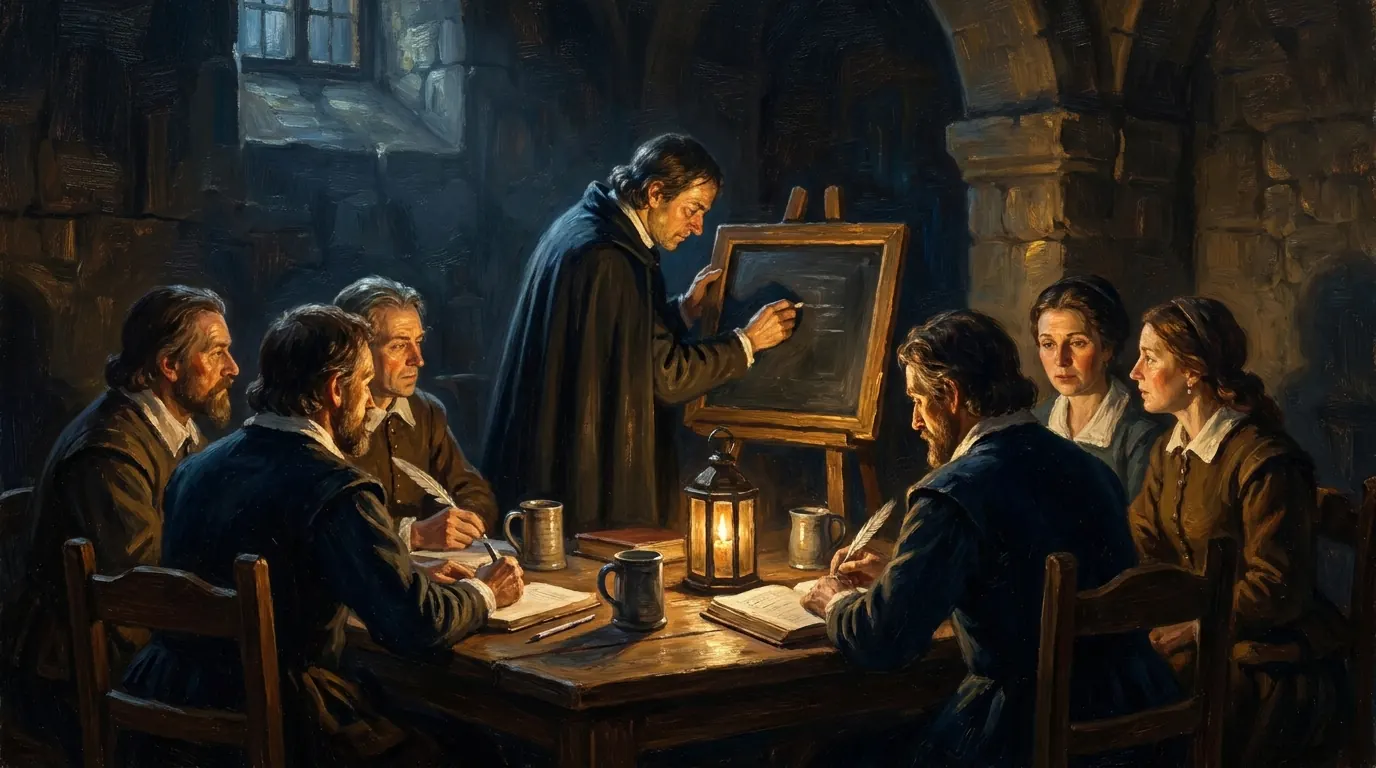 A group leader writing on a small chalkboard while adults seated around a table take notes