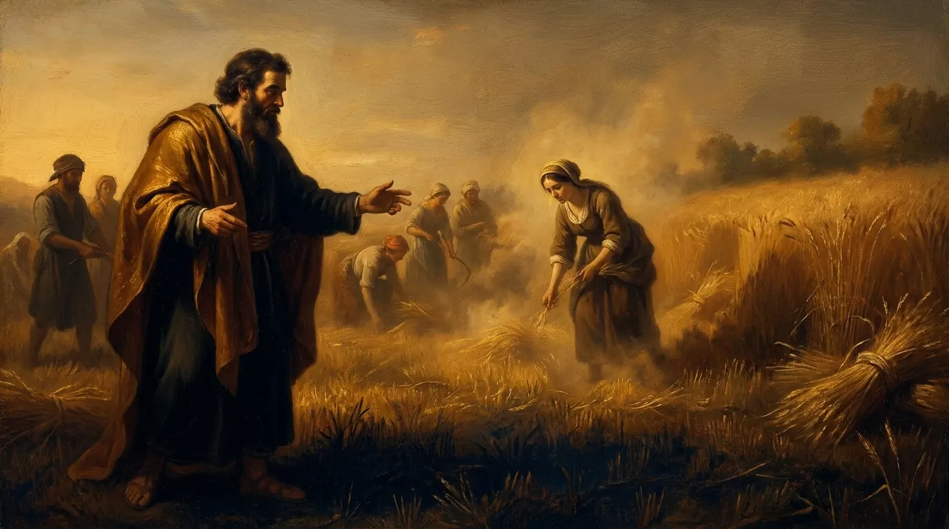 Boaz telling his reapers to leave sheaves of grain behind for Ruth to gather