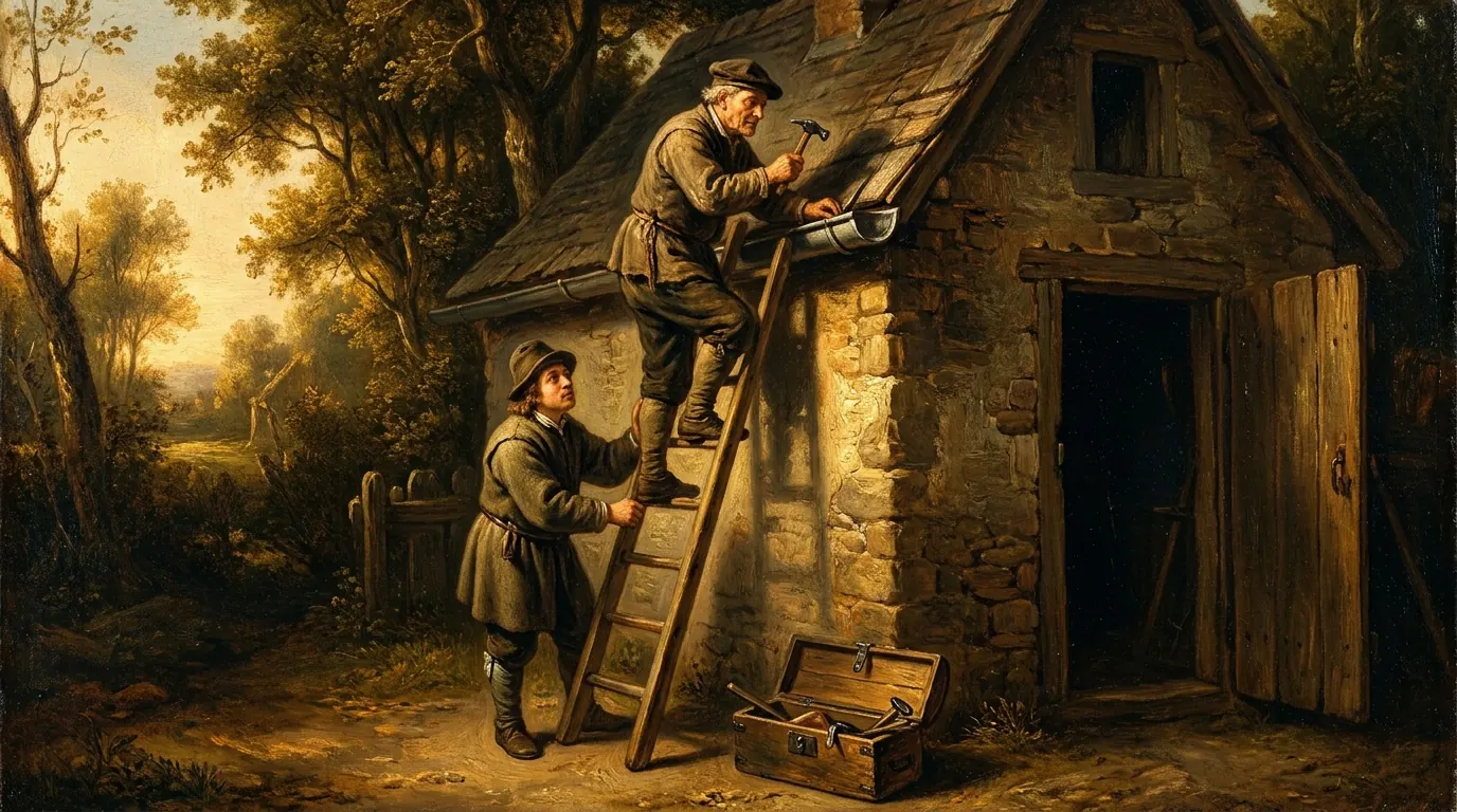 A landlord on a ladder repairing a gutter while the tenant steadies the ladder
