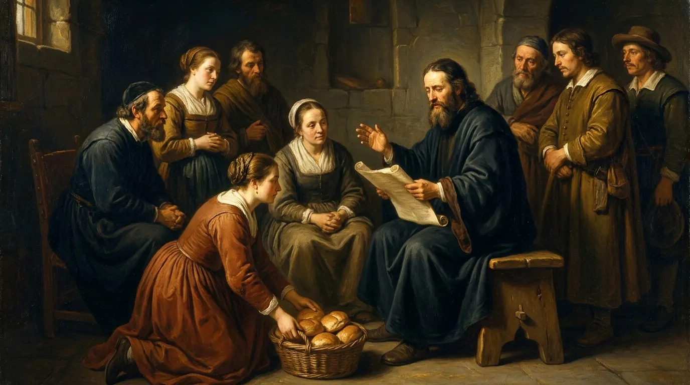 A teacher reads from a scroll to a seated circle of listeners while a woman gently places a basket of loaves at his feet