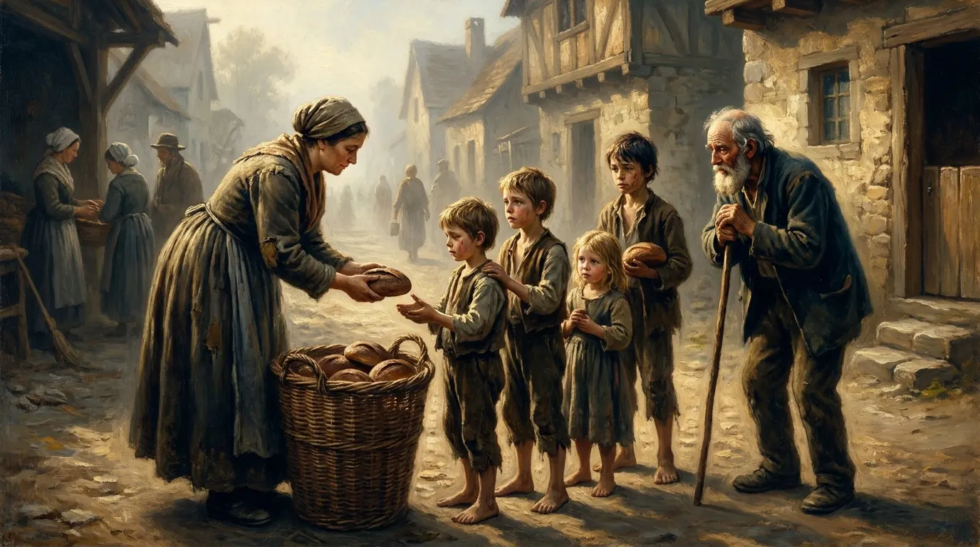 A woman distributes loaves from a basket to a line of hungry children and an elderly man in a dusty village lane