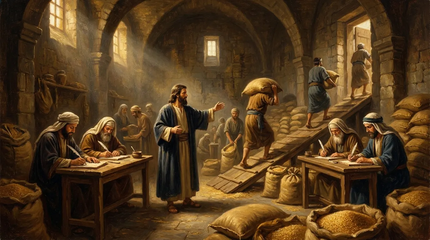 Joseph overseeing workers as grain is stored in great granaries in Egypt during the years of plenty