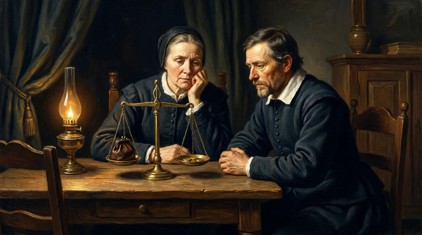 A husband and wife sit at a wooden table in warm lamplight with a small bag of coins and a brass balance scale, weighing a decision