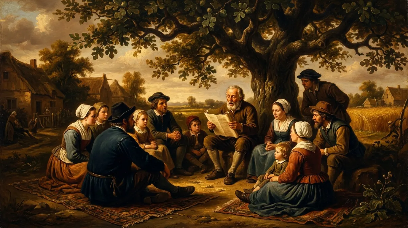 A circle of villagers sits on rugs under a fig tree, one man reading aloud from an open scroll while others listen