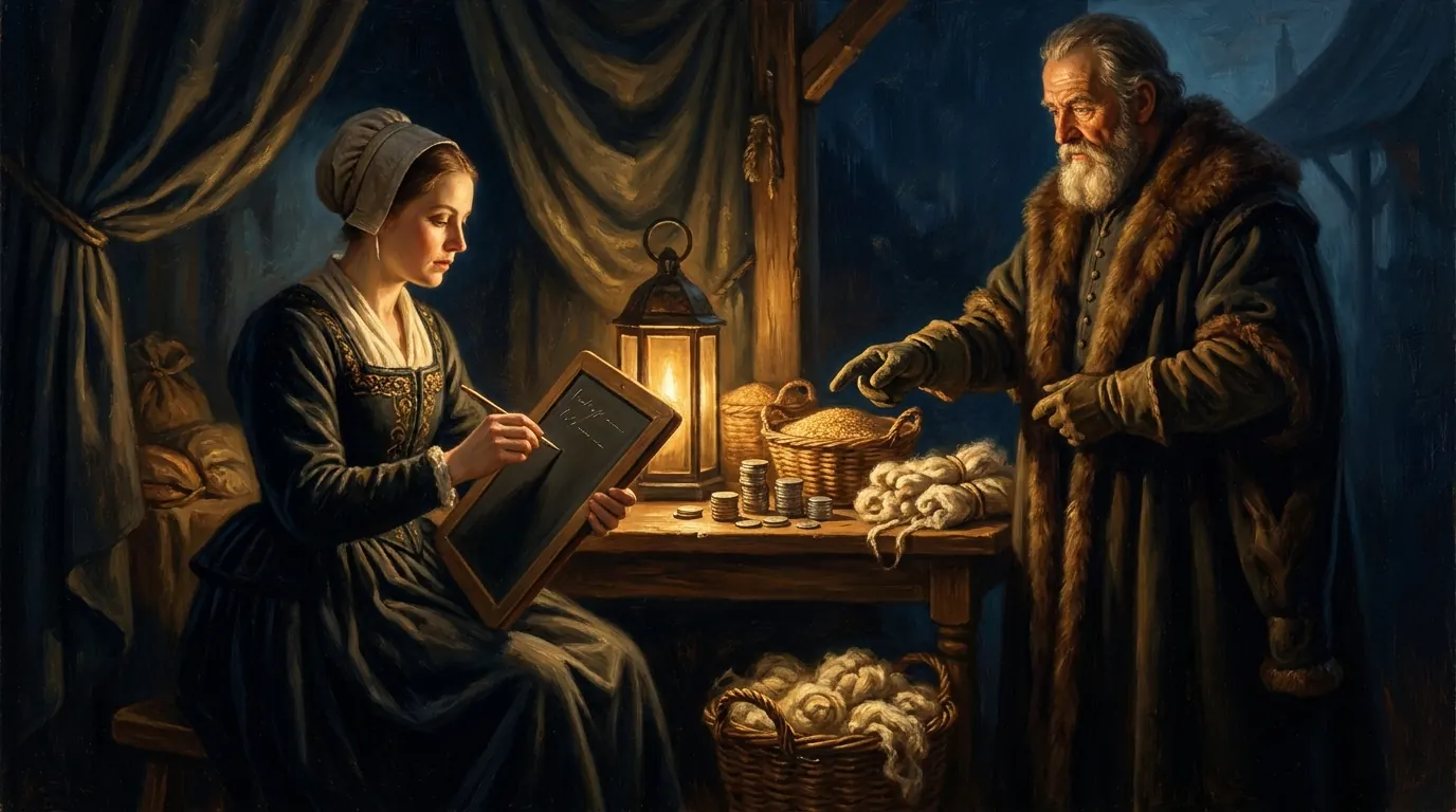A woman writes figures on a wax tablet at a market stall while an older man points to columns of coins