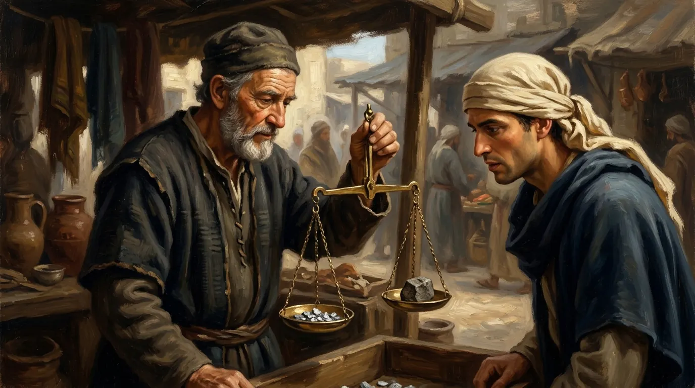 An ancient marketplace merchant holding a brass balance scale with small pieces of silver on one pan and a stone weight on the other, while a customer in a linen headcloth watches closely
