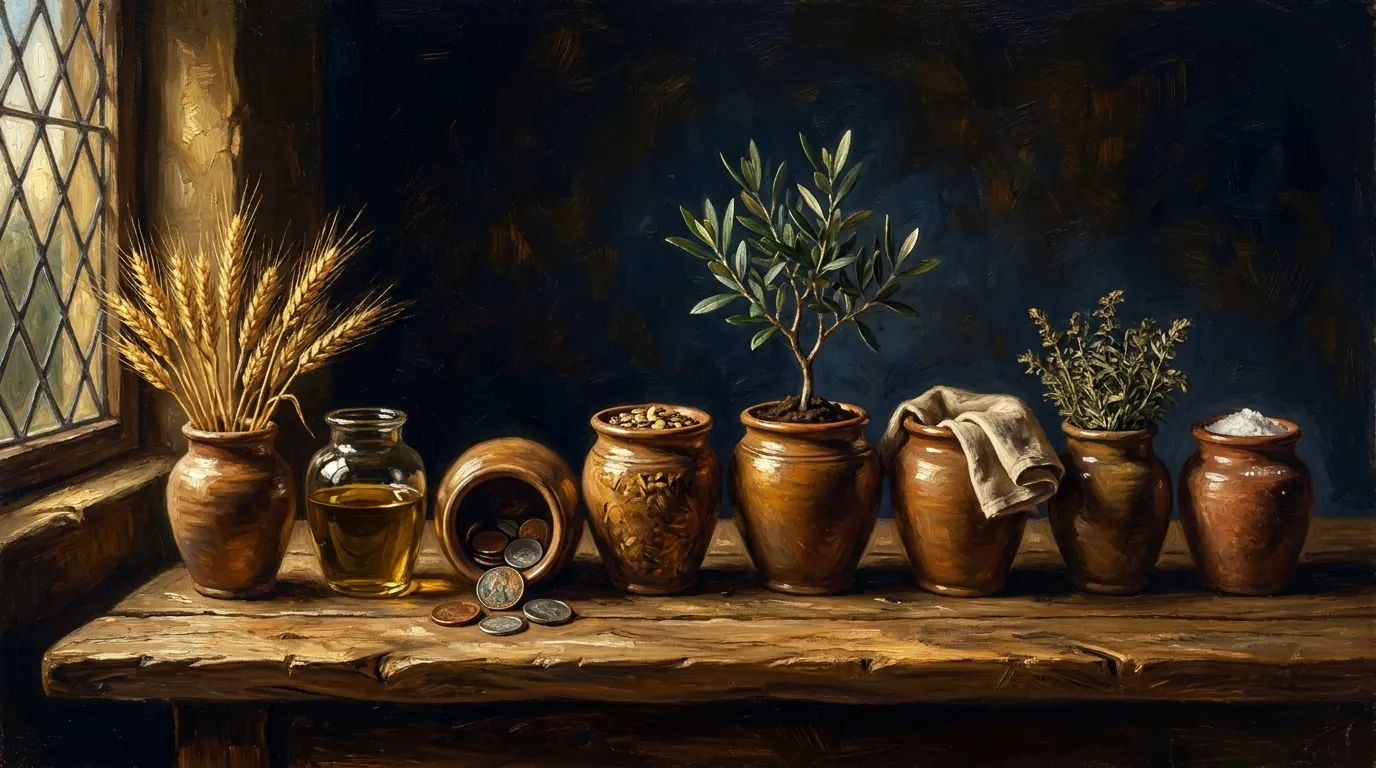 Eight small clay jars in a row on a rustic wooden table, each holding something different: wheat, olive oil, a few coins, seeds, a small olive sapling in soil, and a folded cloth, with warm window light