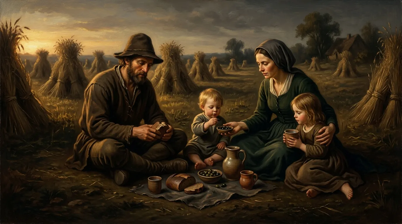 A laborer's family seated on the ground at sunset after the harvest, sharing bread, olives and cups of water around a small cloth spread between them, sheaves stacked in the field behind