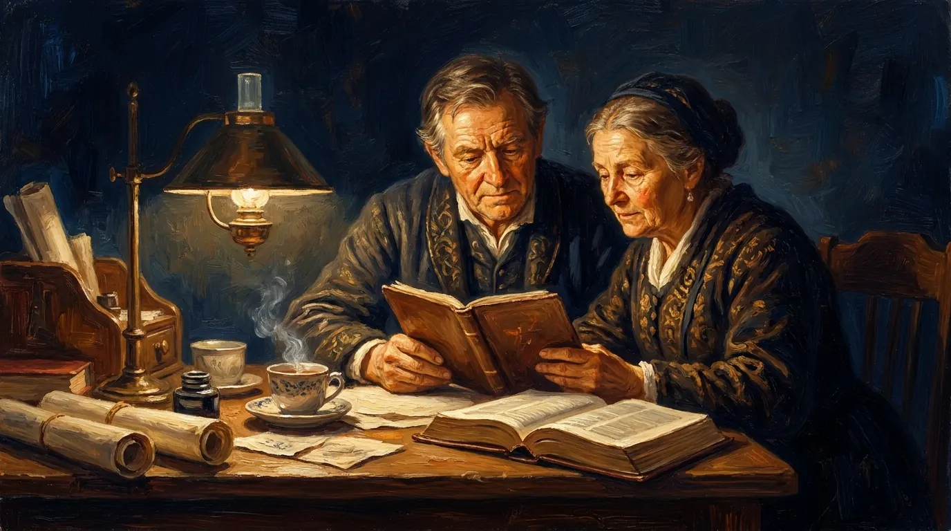 A middle-aged husband and wife sitting close together at a wooden desk under a warm lamp, reviewing a folder of papers with a pen, an open Bible and a cup of tea beside them