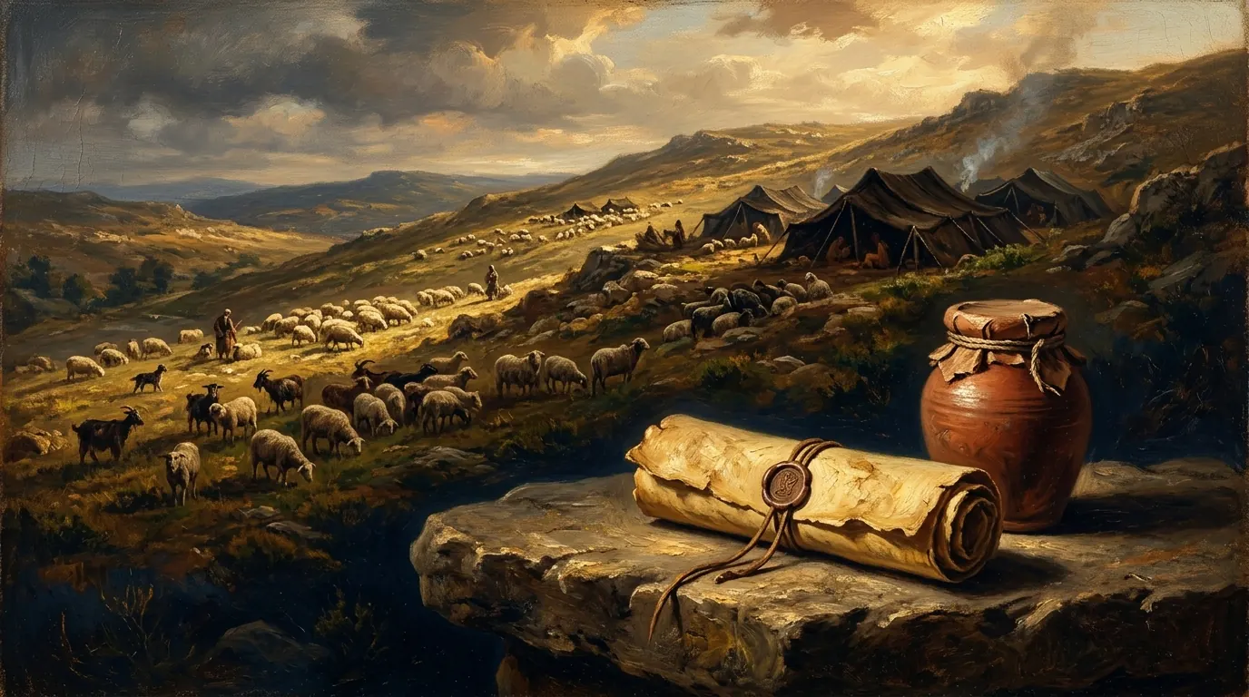 A folded sheepskin scroll and a sealed clay jar resting on a flat stone, with grazing flocks and dark goat-hair tents on a hillside in soft morning light behind them