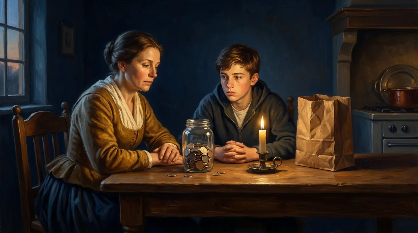 A modern family kitchen table at dusk with a glass jar of saved coins beside an unopened shopping bag, a mother and teenage son sitting together looking at the jar