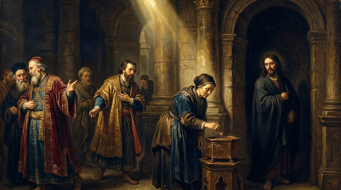 The poor widow dropping two small coins into the temple treasury while Jesus watches from nearby
