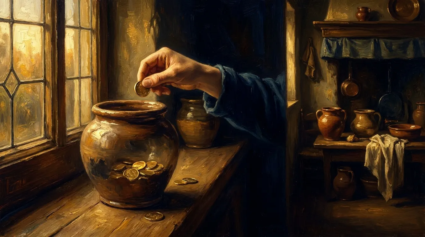 A small clay jar on a sunlit windowsill slowly filling with a few coins