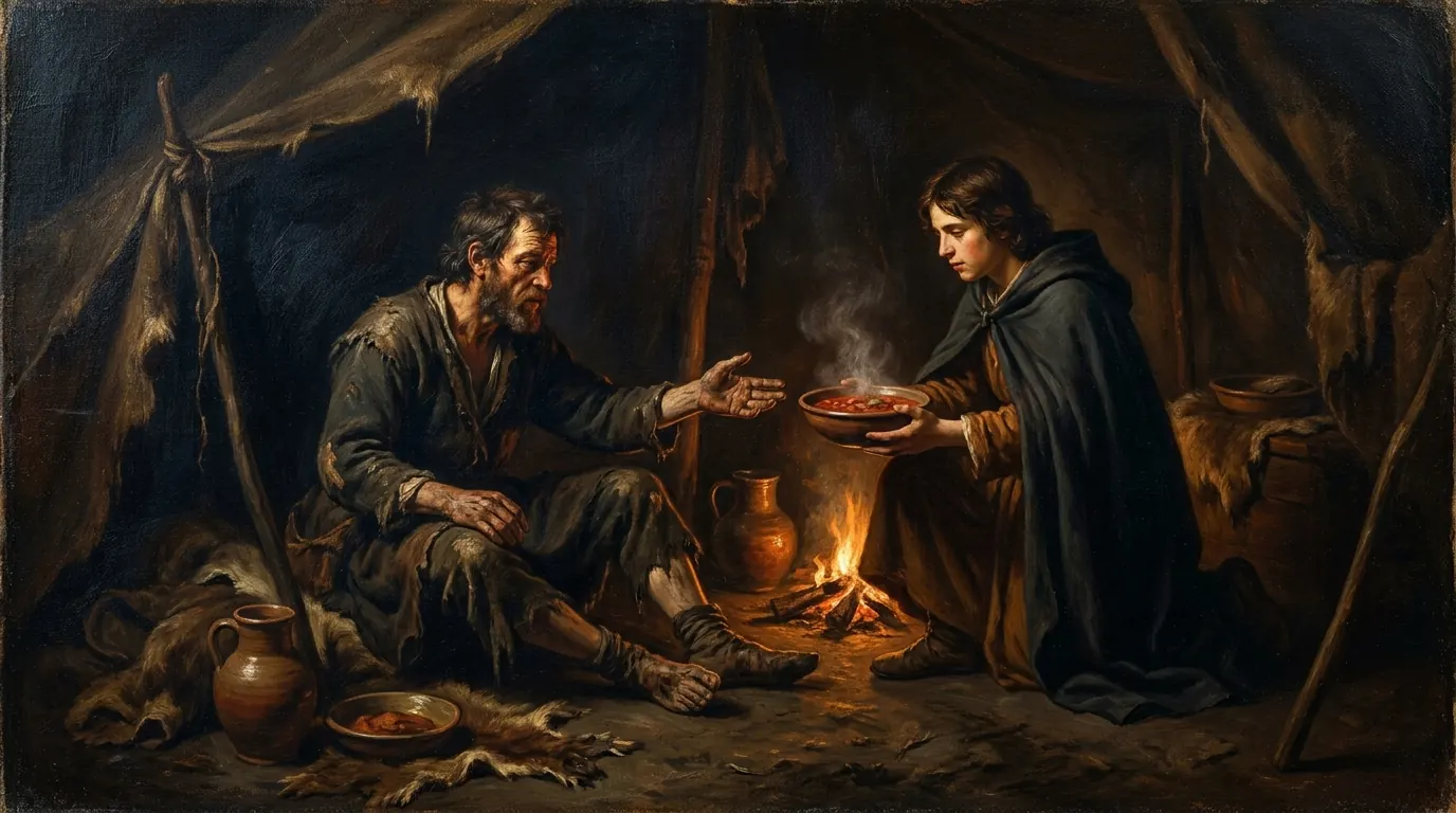 Esau handing over his birthright to Jacob in exchange for a bowl of stew