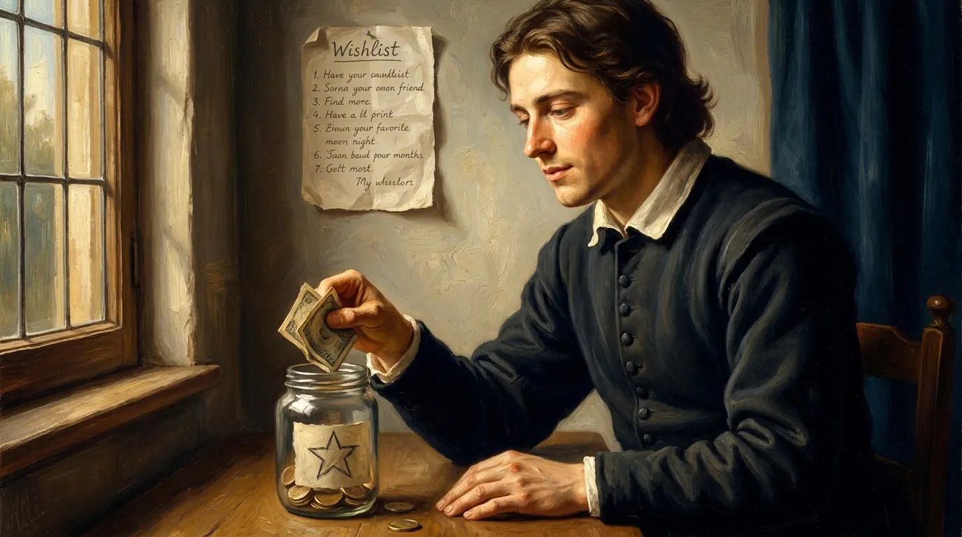 A calm young man placing banknotes into a savings jar