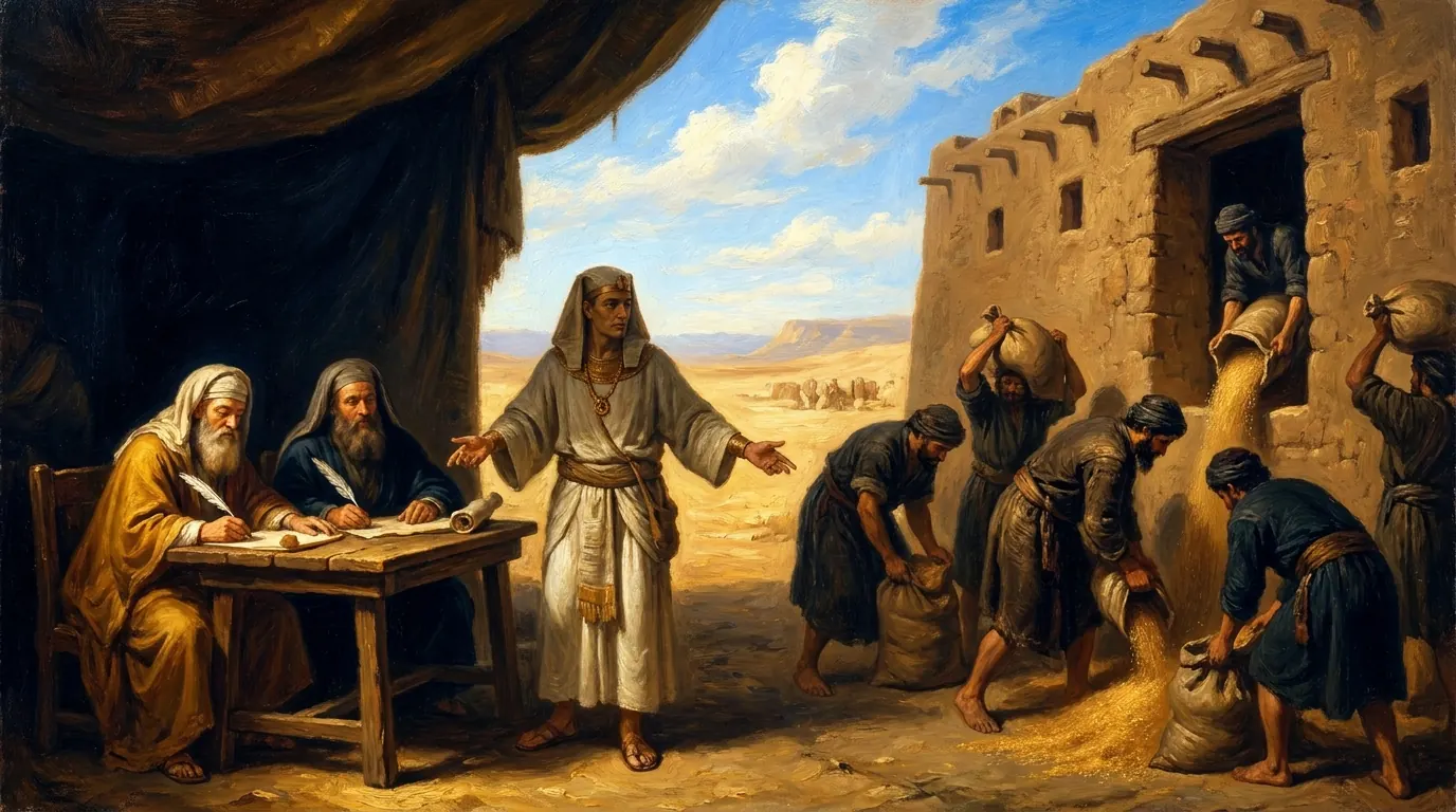 Joseph in Egyptian dress oversees workers filling a vast granary with sacks of grain under a bright sky