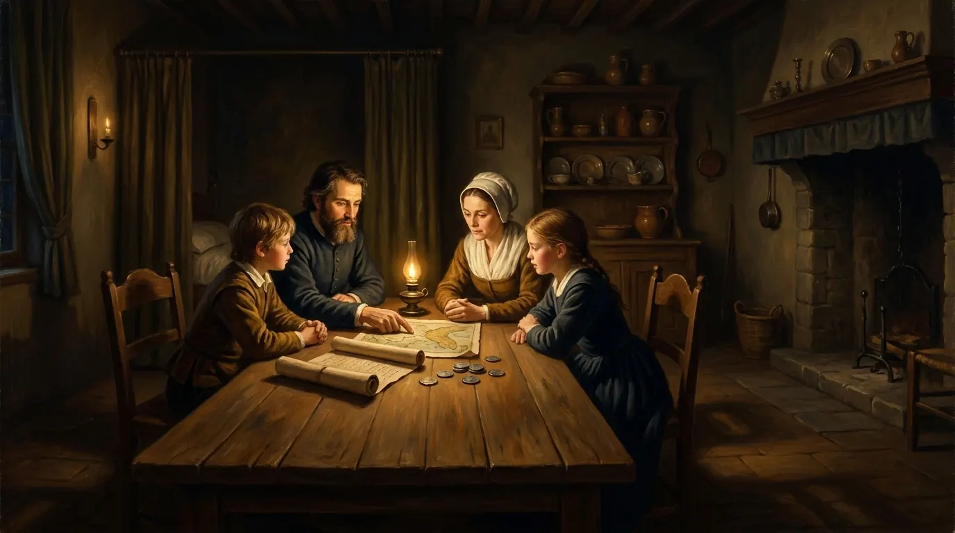 A father sits at a lamplit table with his wife and two children, a rolled scroll and small coins before them, planning together