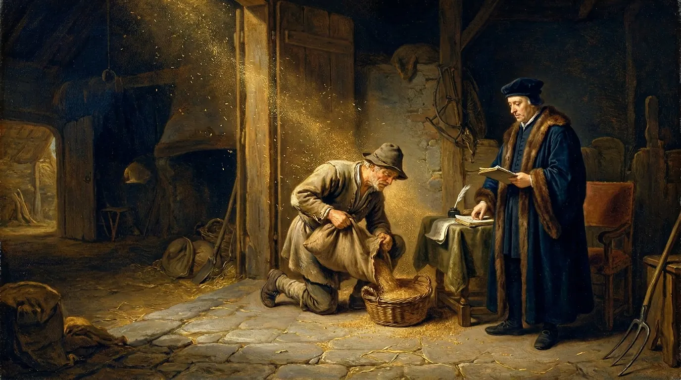 A farmer at a stone threshing floor sets aside a measured portion of grain beside a tax collector's table