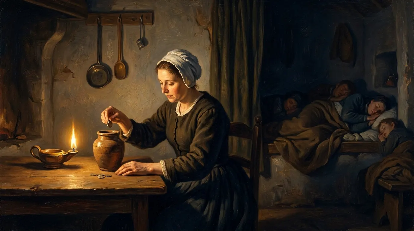 A woman in a modest home drops coins into a clay jar in secret while a lamp glows beside her
