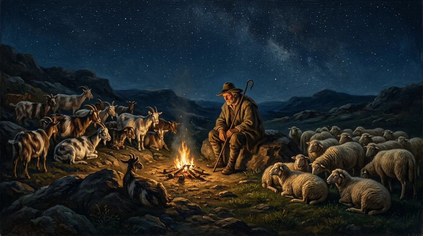 A shepherd on a rocky pasture at night beneath a sky full of stars, with striped and speckled goats gathered in one flock and plain sheep in another, a small fire glowing beside him