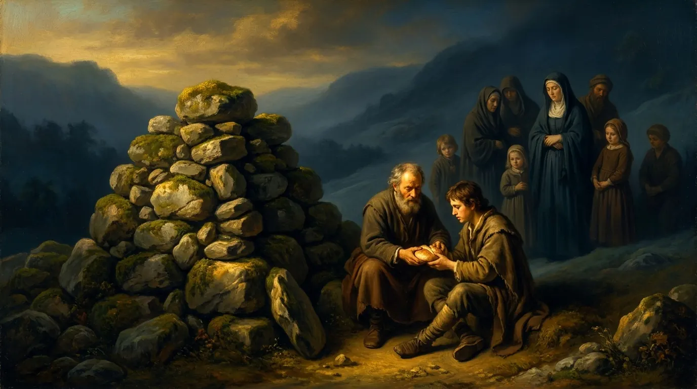 At dawn in hill country a large heap of stones stands as a boundary marker, with an older man and a younger man sharing bread beside it while their families watch from a short distance