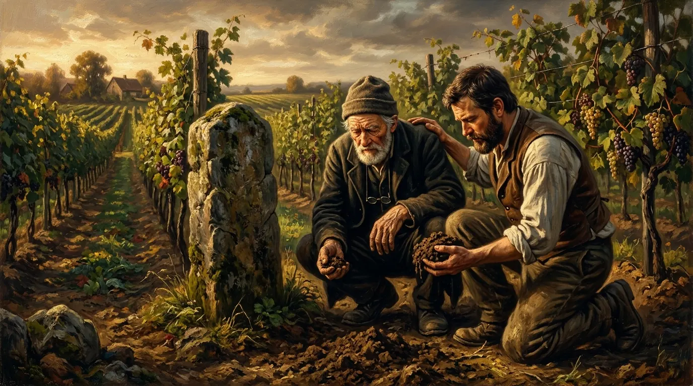 A weathered stone boundary marker at the edge of a vineyard row, with an old father crouching beside his grown son, both holding a handful of dark soil in the warm late-afternoon light