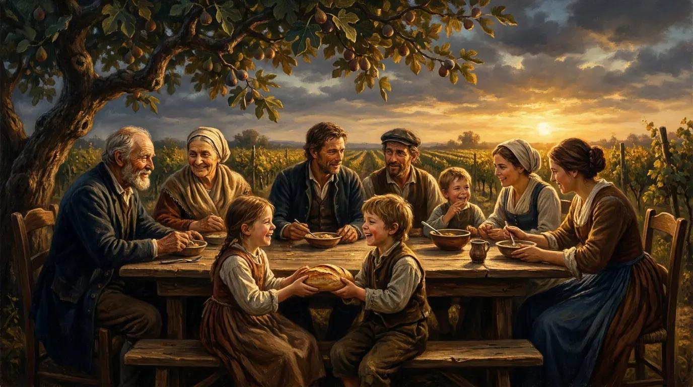 Three generations of a family sharing a simple meal at a long wooden table under a fig tree in the middle of a vineyard, grandchildren laughing and passing bread as the sun sets