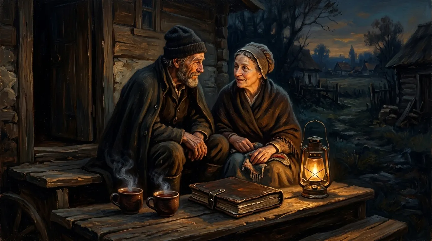 A husband and wife sitting on a porch step at dusk with two cups of tea, a closed household ledger between them and a lantern glowing beside them as they talk quietly