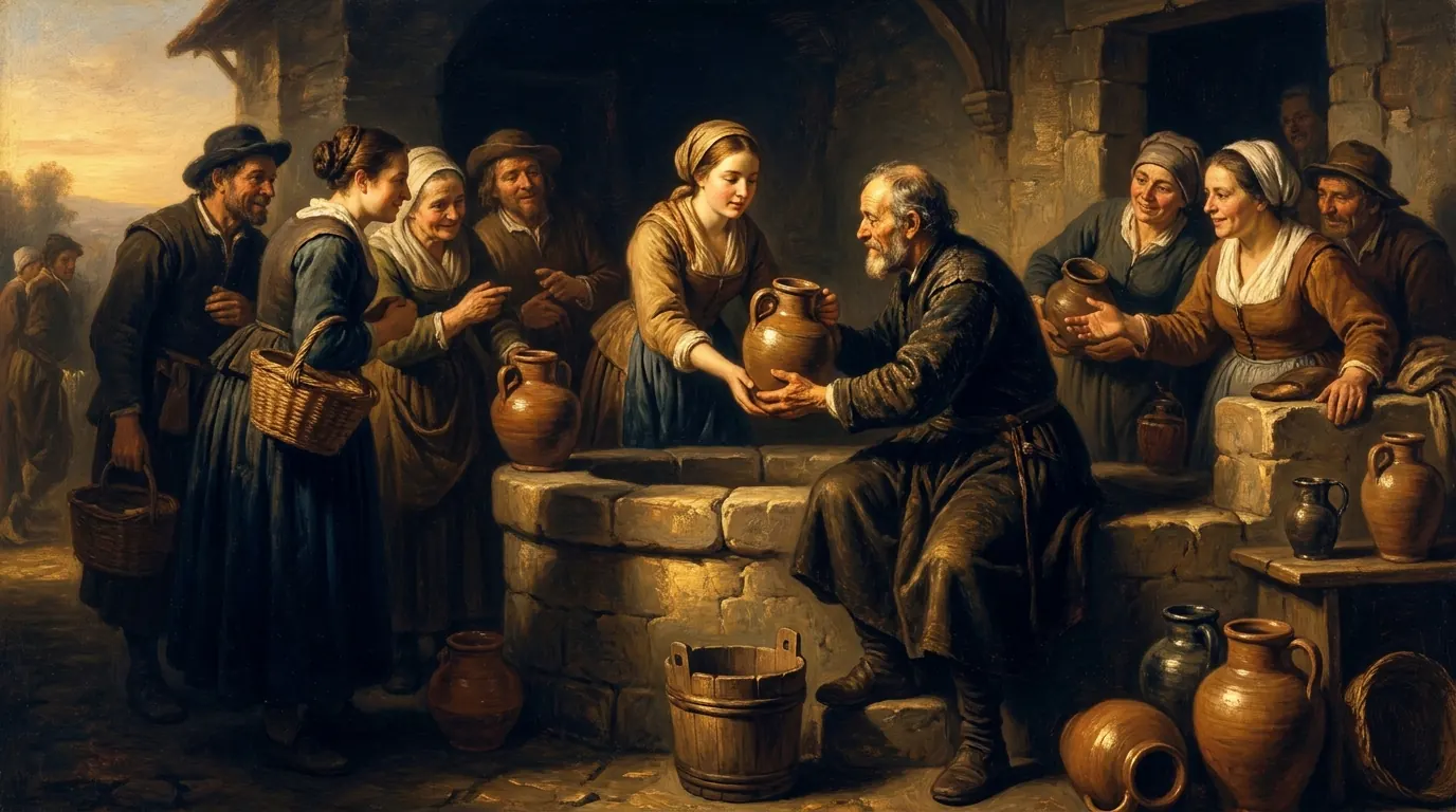 A village well at dawn where a woman hands a water jar to an elderly man and neighbors gather around it, smiling and speaking kindly