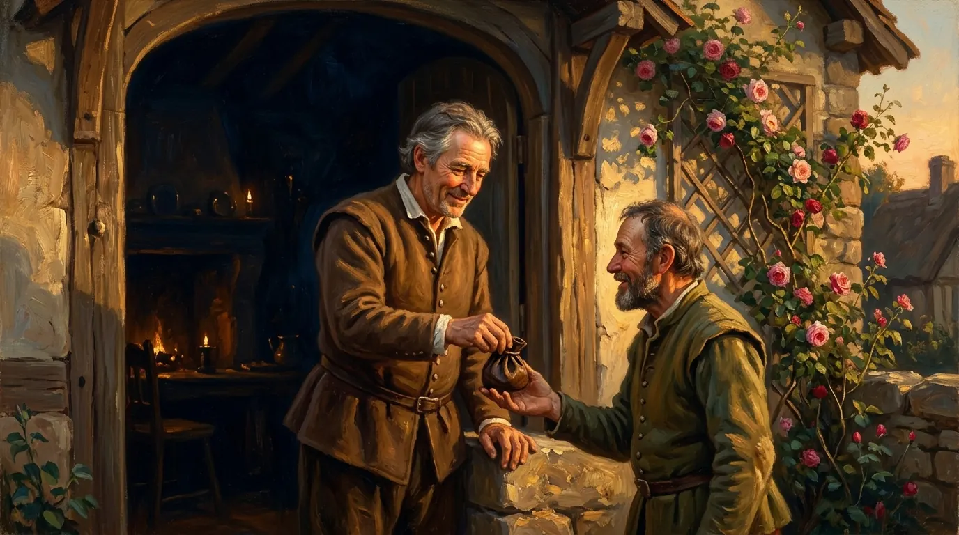 A man at his cottage doorway placing a small leather coin pouch into a neighbor's hand, both men visibly relieved, warm evening light on the stone threshold