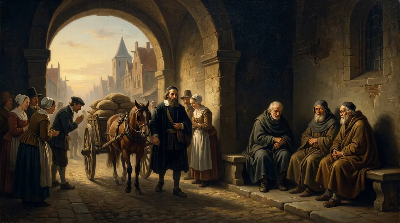 A city gate at morning with village elders seated on stone benches, townspeople greeting a respected merchant with a nod as he passes through with his cart