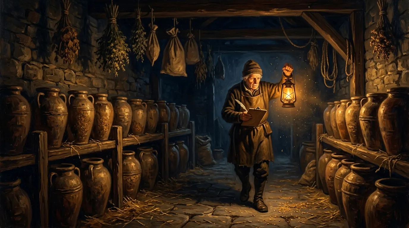 A farmer walking through a stone storehouse lined with stacked grain jars and hanging cloth bundles, holding a small oil lantern high as he takes inventory