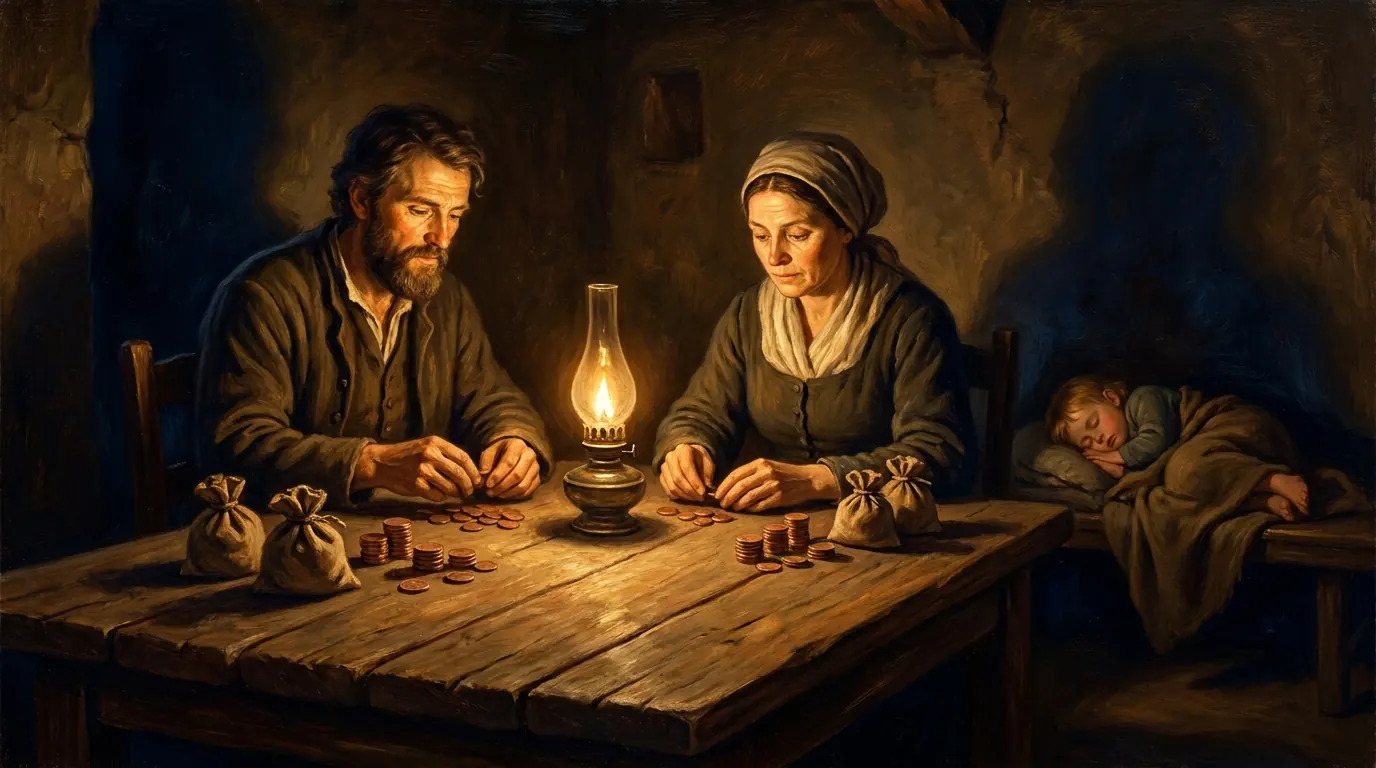 A husband and wife at a rough wooden table in lamplight sorting small sacks of grain and coins into neat groups, a sleeping child curled on a bench nearby