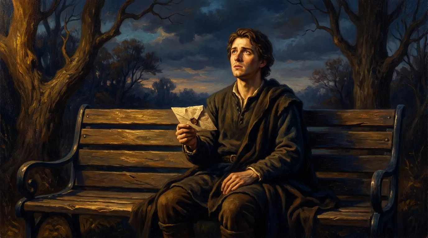 A young man on a park bench at dusk holding an unexpected envelope and looking at it thoughtfully