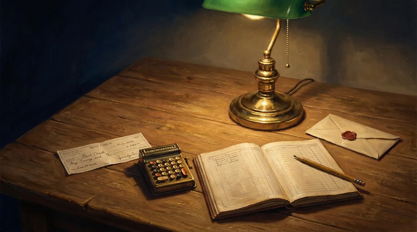 A kitchen table at night with a rent check, a calculator, an open ledger and a small offering envelope set beside them