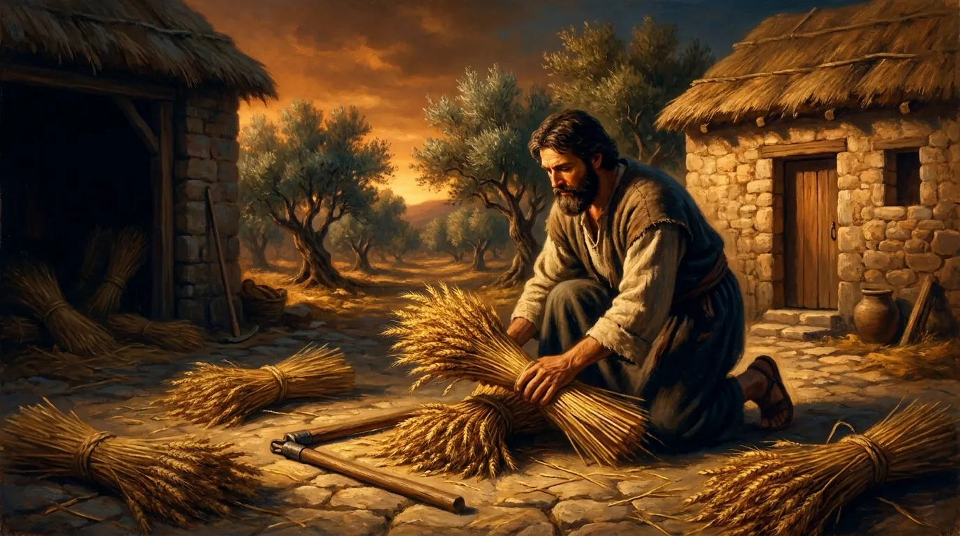 An ancient Israelite farmer on a threshing floor setting aside the first sheaves of the harvest before the rest is gathered