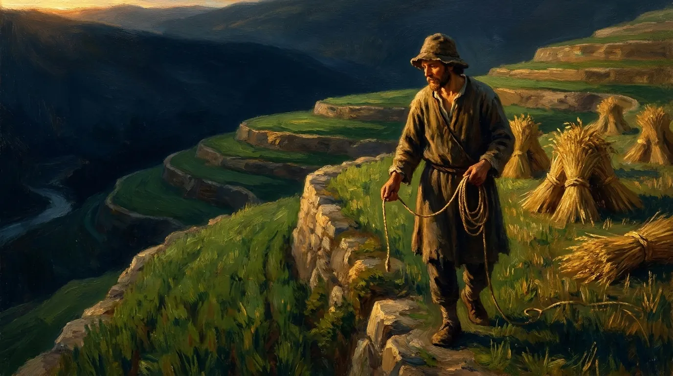 A man in a plain tunic walks the boundary of a green field with a measuring cord, marking the land at sunrise