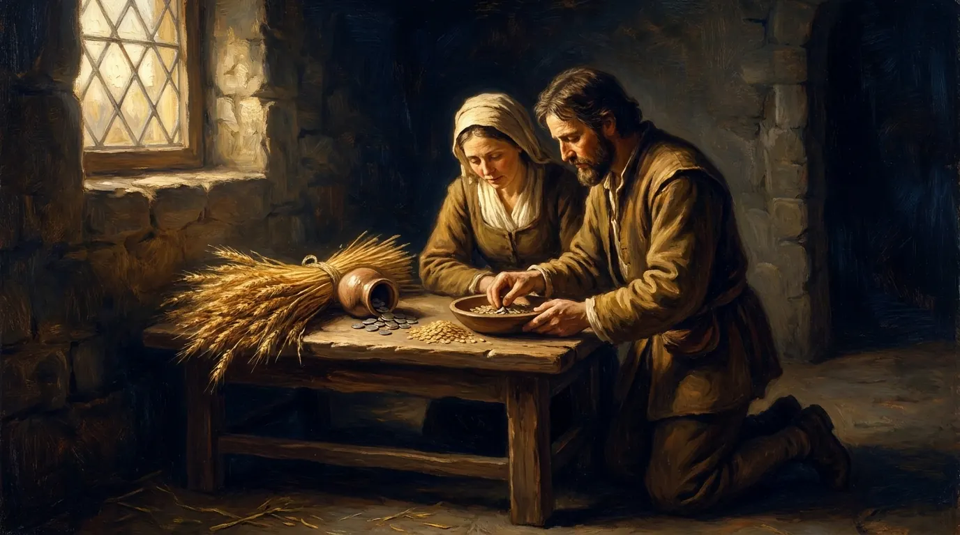 A husband and wife kneel beside a table stacked with grain sheaves and a small clay jar of coins, setting a portion aside in warm light
