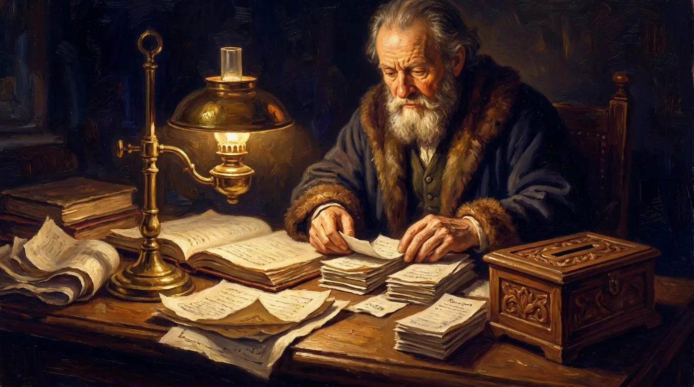A man under a brass desk lamp sorting receipts and tax forms into piles, with a small wooden giving box on the desk