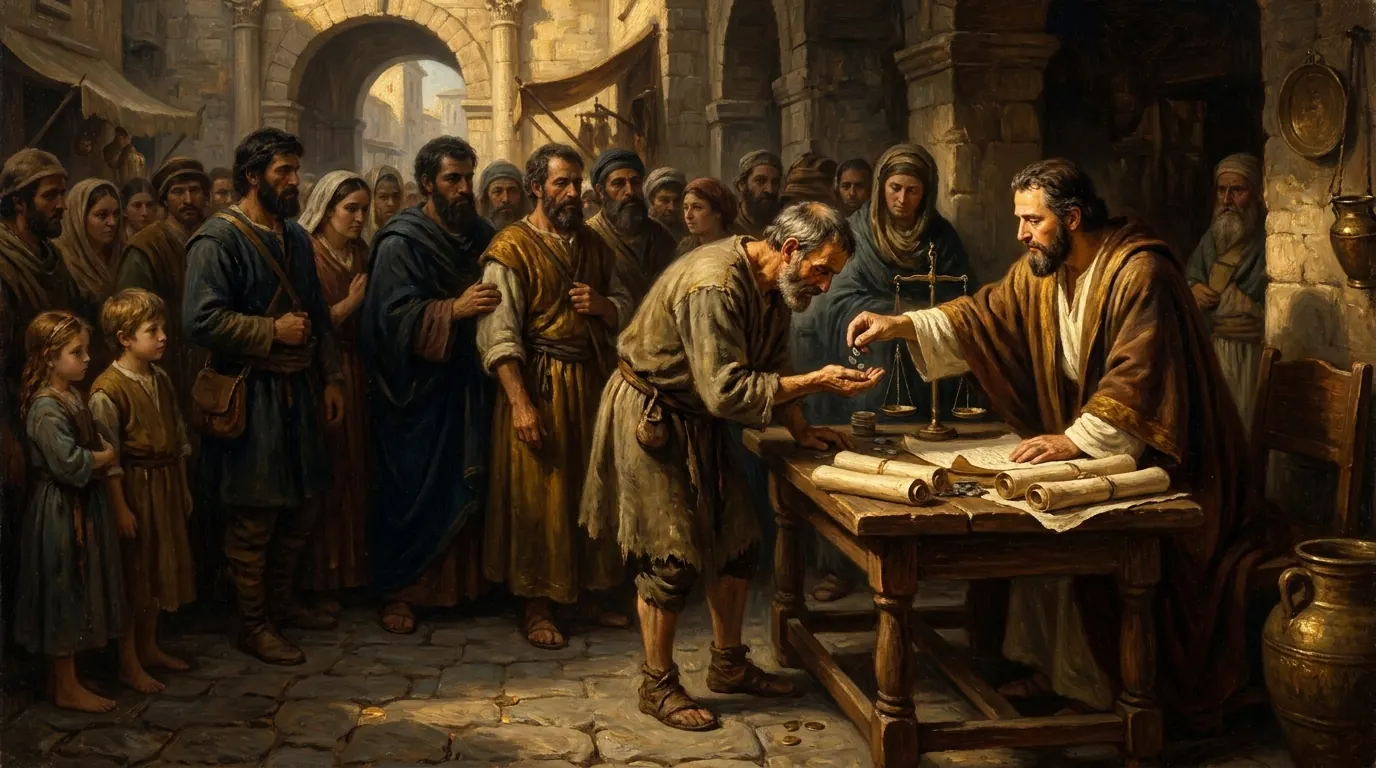 An ancient marketplace tax table where a collector counts coins back into the open hand of a farmer