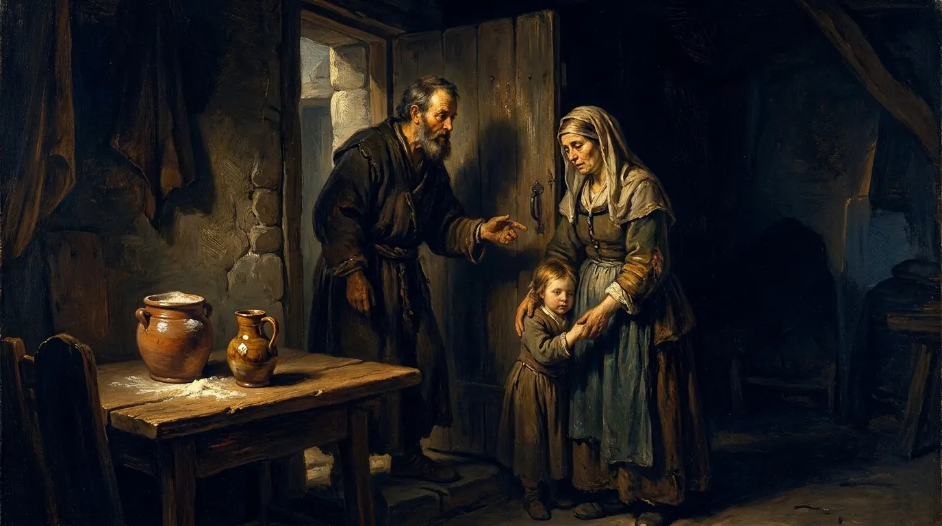Elijah and the widow of Zarephath in her kitchen, the nearly empty flour jar and oil jug on the table between them
