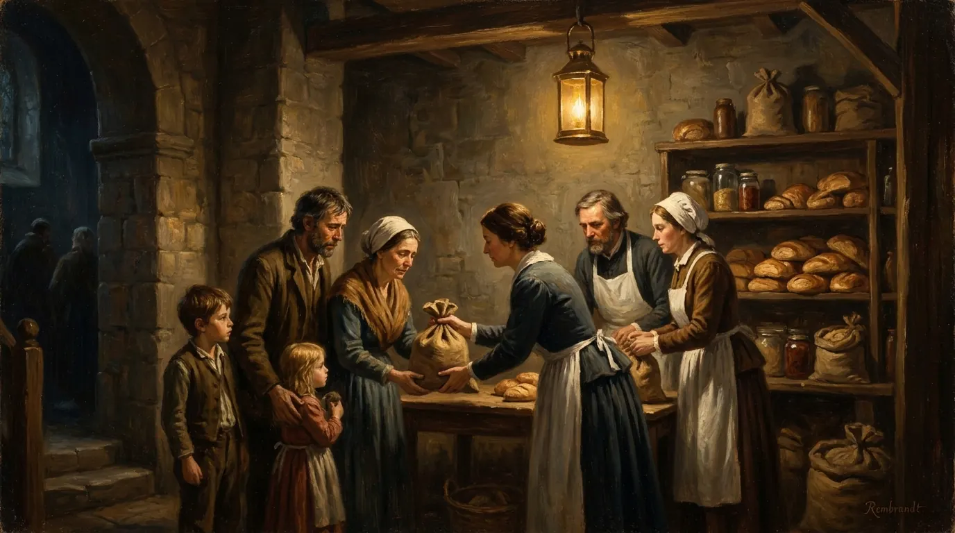 Volunteers at a church food pantry handing bags of groceries across a table to a family