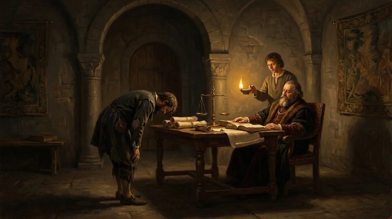 A borrower bowing before a lender seated at a table in an ancient counting house